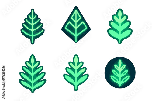 Bioluminescent Plant Logos. Synthetic plants that glow in the dark. Set Logo of Synthetic plants that glow in the dark: bioluminescent fern frond. Icon set.