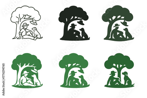Farmer & Dog Logos. A farmer and his dog taking a break under the shade of a tree. Set Logo of A farmer and his dog taking a break under the shade of a tree: