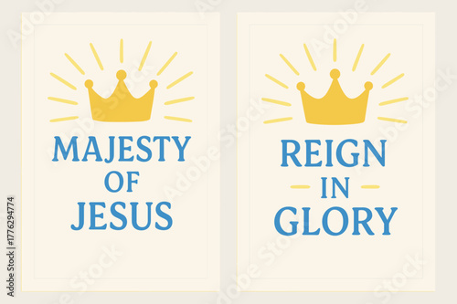 Majestic Kingdom Banners. King of Kings. Two vertical A6 banners with safe margins, centered composition, no elements touching edges, pastel, cobalt and lemon,