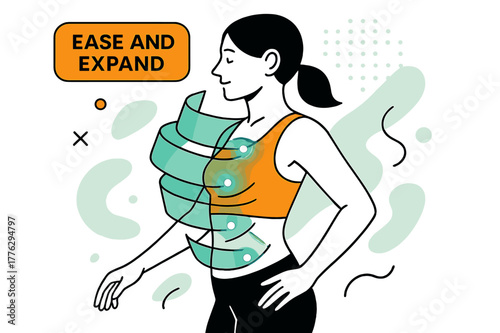 Myofascial Flow Unveiled. Myofascial Release. Layers of curved transparent shapes peel back around the torso; glowing dots mark points of release. Floating