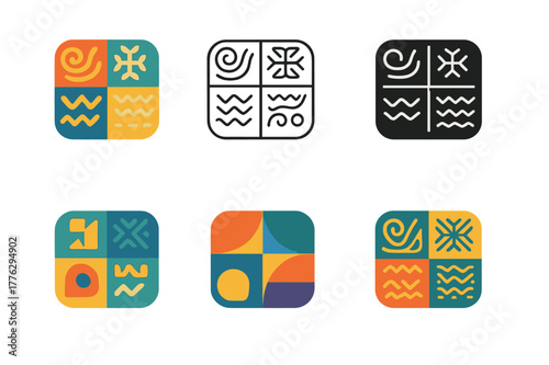 Cultural Art Logos. Cultural diversity in art. Set Logo of Cultural diversity in art: quilt of traditional patterns. Icon set. harmonious logo variations of