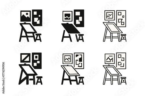 Creative Workspace Logos. Creative workspace with art on walls. Set Logo of Creative workspace with art on walls: drafting table facing a moodboard wall. Icon