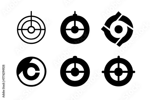 Space Habitat Logos. The future of space habitats and long-term space travel. Set Logo of rotating space station ring: Minimal outline, Filled silhouette,