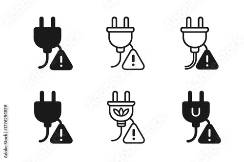Extension Cord Logo Designs. Extension cord safety. Set Logo of Extension cord safety: grounded plug with warning tag. harmonious logo variations of the same