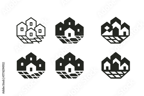 Urban Sprawl Logos. urban sprawl. Set Logo of urban sprawl: expanding suburb blocks. Icon set. harmonious logo variations of the same emblematic concept, each