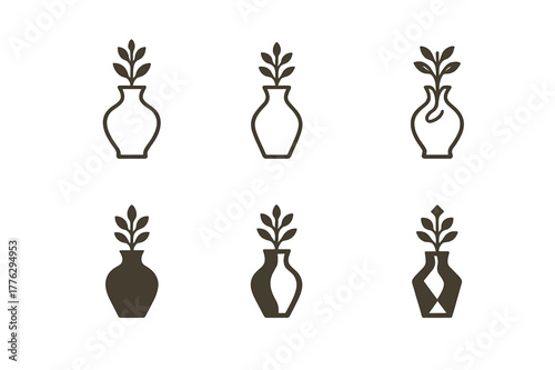 Vase Logo Variations. tabletop flower vase. Set Logo of tabletop flower vase: handmade pottery vase with branches. Icon set. harmonious logo variations of the
