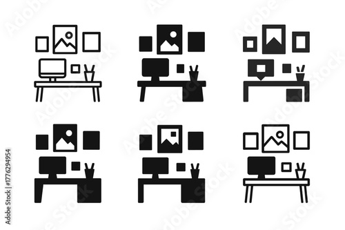 Creative Workspace Logos. Creative workspace with art on walls. Set Logo of Creative workspace with art on walls: gallery wall of frames above a desktop. Icon