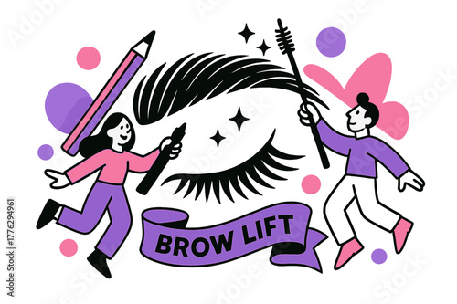 Glossier Brow Lift. Eyebrow pencil and gel ? Laminated look. Brows brushed skyward into glossy arches; tiny stars pop along the curve. Ribbon reads ?BROW