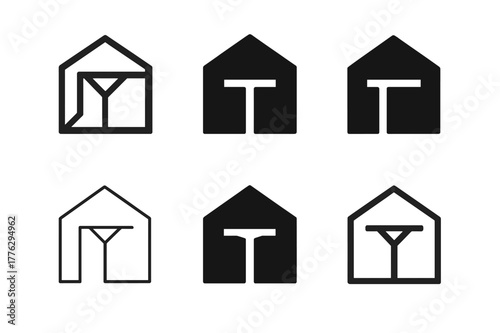 Home Renovation Icons. Home renovation and remodeling. Set Logo of Home renovation and remodeling: open floor plan with beam replacing wall. Icon