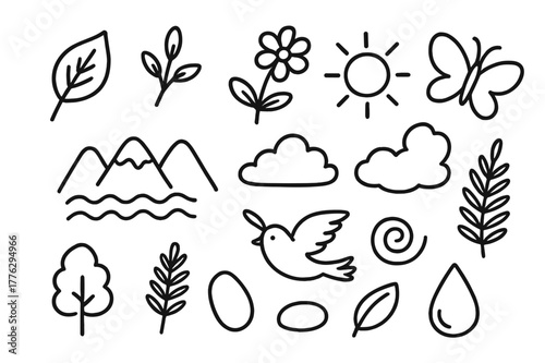 Nature-Inspired Design Icons. Sacred Fortitude banner, flat vector illustration, bold oversized text inside sticker outline, cartoon characters sitting and