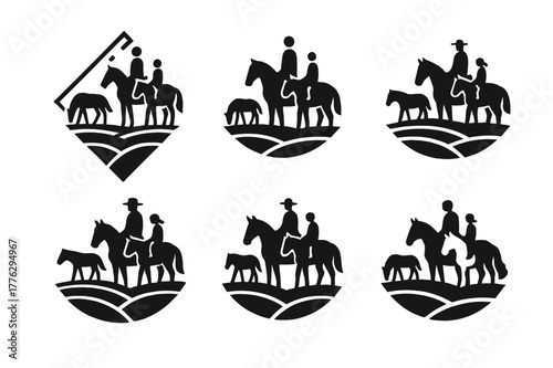 Horse Riding Logos. A family riding horses through a farm?s open pasture. Icon set. Set Logo of a family riding horses through a farm?s open pasture: grazing