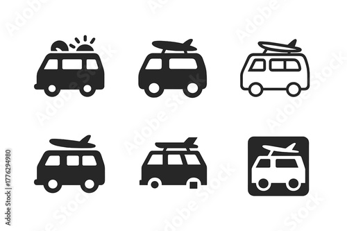 Vacation Logo Variations. Holiday travel and vacation. Set Logo of Holiday travel and vacation: road trip van with surfboard. Icon set. harmonious logo