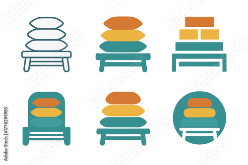 Colorful Garden Cushion Logos. Adding colorful outdoor cushions and throws to a garden seating area. Set Logo of cushion stack on bench: layered pillows on