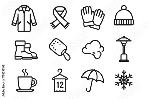 Winter Essentials Icons. Winter Night Out. Line icon set of Winter Night Out: coat, scarf, gloves, beanie hat, warm boots, hand warmer, breath cloud, patio