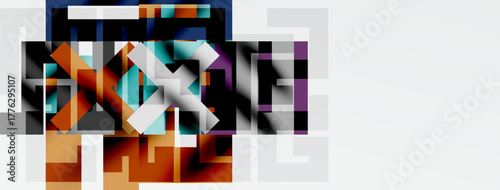 Abstract geometric composition. Squares, rectangles overlap creating complex visual texture. Warm, cool tones present. Minimalist design.