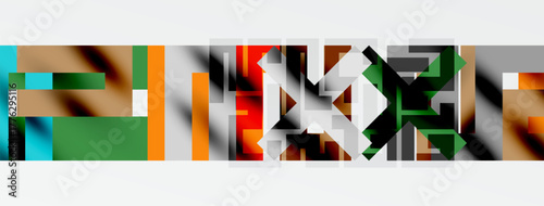 Abstract geometric shapes, vibrant colors, horizontal band, minimalist design. Composition features overlapping rectangles, triangles, squares.