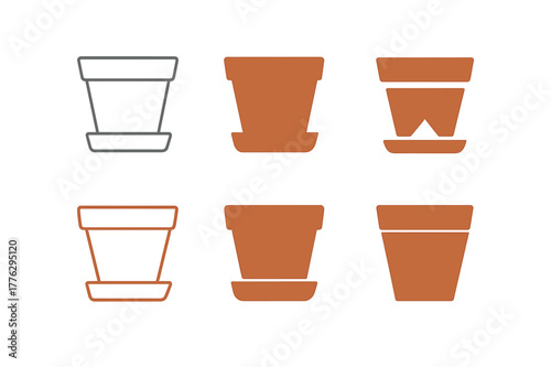 Plant Pot Logos. Plant pot. Icon set. Set Logo of plant pot: terracotta flower pot with saucer. harmonious logo variations of the same emblematic concept, each