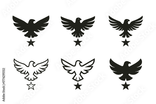 Eagle Star Logos. Altair in Aquila. Set Logo of Altair in Aquila: soaring eagle over star. harmonious logo variations of the same emblematic concept, each with