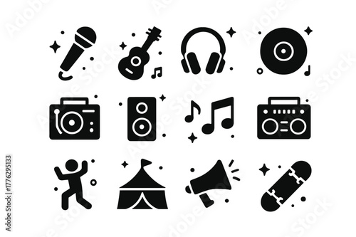 Pop Culture Icons. Pop Culture Music. Solid icons set of Pop Culture Music: microphone, guitar, headphones, vinyl record, DJ turntable, speaker, music notes,