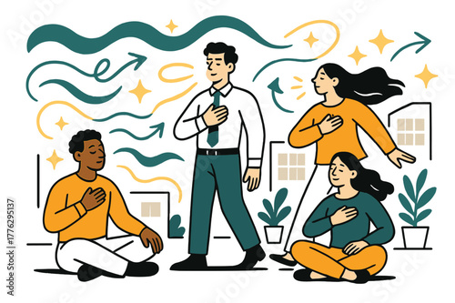 Mindful Office Retreat. Digital detox for employees. Team practicing breathing exercises in office courtyard with abstract floating waves, arrows,