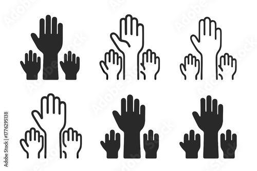 Diverse Crowd Icons. Crowd behavior. Set Logo of crowd behavior: raised hands requesting attention. Icon set. harmonious logo variations of the same emblematic