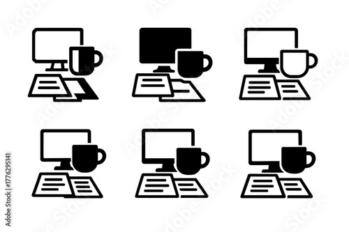 Coffee Work Logos. Drinking coffee while working. Icon set. Set Logo of drinking coffee while working: desk setup with coffee mug and documents. harmonious