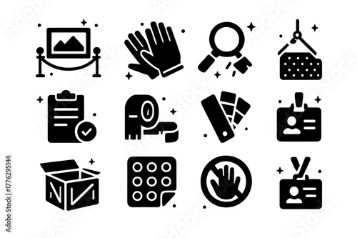 Preview Icon Set. Preview and condition report. Solid icons set of Preview and condition report: preview room, white gloves, magnifying loupe, UV flashlight,