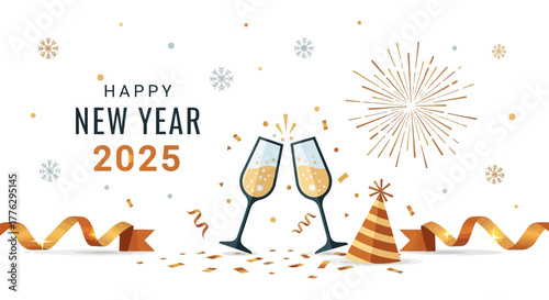 Celebrate New Year 2025 with clinking champagne flutes, festive confetti, and golden ribbons for a modern and vibrant celebration greeting card