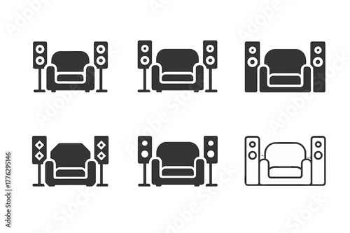 Home Theater Logos. Installing a new home theater sound system. Set Logo of Installing a new home theater sound system: home couch with speakers. Icon set.