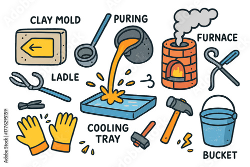 Vibrant Metal Casting Scene. Metal casting. Colorful Hand-drawn doodle Children illustration Metal casting clay mold, molten metal, crucible, ladle, furnace,