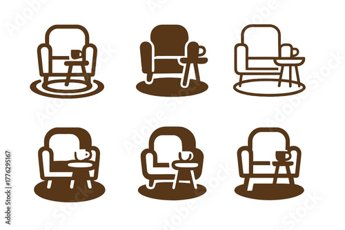 Cozy Corner Logos. Setting up a cozy corner with comfy seating for casual chats. Set Logo of cozy corner: round rug under seating. Icon set. harmonious logo