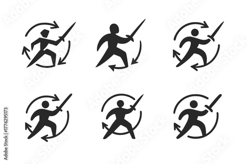Stage Sword Fight Logos. An actor performing a dramatic sword fight on stage. Set Logo of An actor performing a dramatic sword fight on stage: choreography