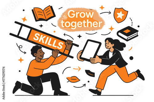 Skills and Growth. Change management & upskilling. A mentor lifts a ladder labeled ?Skills? as books and badges orbit; ?Grow together? glows. Hands pass a