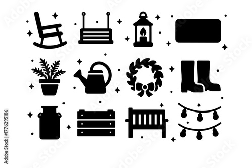 Farmhouse Porch Icons. Farmhouse Porch. Solid icons set of Farmhouse Porch: rocking chair, porch swing, lantern, welcome mat, potted fern, watering can,