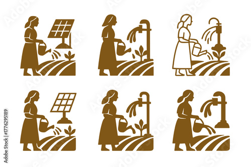 Rural Women Entrepreneur Logos. Women entrepreneurs in rural areas. Set Logo of women entrepreneurs in rural areas: solar-powered irrigation pump. Icon set.