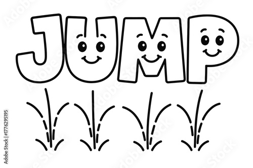 JUMP Coloring Fun. Bouncing letters children?s coloring book illustration, outlined drawing, the big word ?JUMP? with friendly faces on each letter and curved