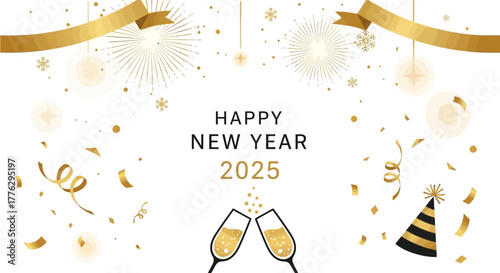 Celebrate a stunning Happy New Year 2025 with golden confetti, champagne cheers, and festive party hats for a vibrant, elegant, and modern celebration