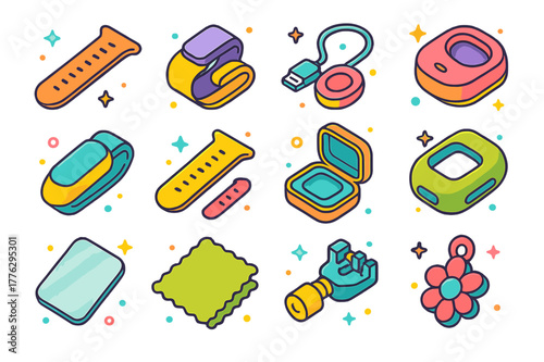 Colorful Wearable Icons. Wearable accessories. Colorful isometric vector icons set of Wearable accessories: watch band, magnetic clasp, charging cable,