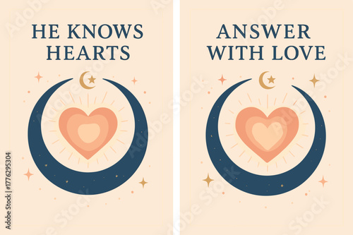 Hearts to Allah Banners. Hearts to Allah. Two vertical A6 banners with safe margins, centered composition, no elements touching edges, pastel, navy and gold,