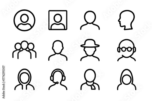 Gender-Neutral Icon Set. Gender-Neutral Avatars. Line icon set of gender-neutral avatars: circle avatar, square avatar, bust silhouette, side profile, group of