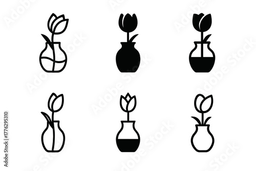 Modern Vase Logos. tabletop flower vase. Set Logo of tabletop flower vase: modern glass vase with single tulip. Icon set. harmonious logo variations of the
