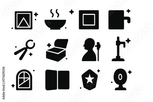 Daguerreotype Icon Set. Daguerreotype Process. Solid icons set of Daguerreotype Process: iodine plate, mercury vapors, silvered copper plate, sensitizing box,