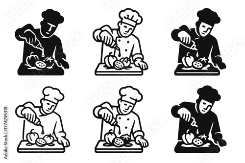 Chef's Balsamic Glaze Logos. A chef adding a drizzle of balsamic glaze over a dish of grilled vegetables. Set Logo of A chef adding a drizzle of balsamic glaze