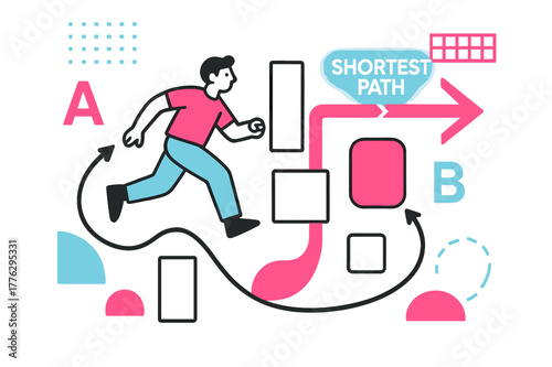 Shortest Path Journey. Vector Displacement Diagram. A figure walks around obstacles, but a clean arrow cuts directly from A to B; ?Shortest Path? glows near