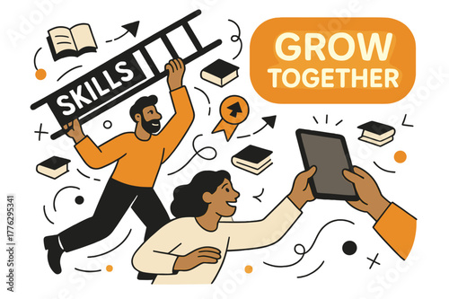 Upskilling Together. Change management & upskilling. A mentor lifts a ladder labeled ?Skills? as books and badges orbit; ?Grow together? glows. Hands pass a