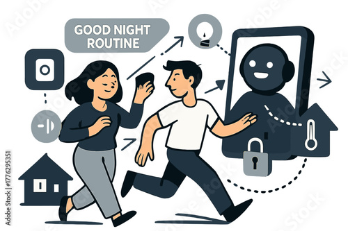 Smart Home Harmony. AI Assistants ? Smart Home Steward. The assistant orchestrates lights, thermostat, and locks; dotted signals flow house-wide. Tag ?good