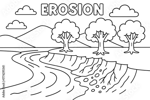 Erosion River Coloring Page. Erosion children?s coloring book illustration, outlined drawing, a picture of a river with trees holding the soil, educational