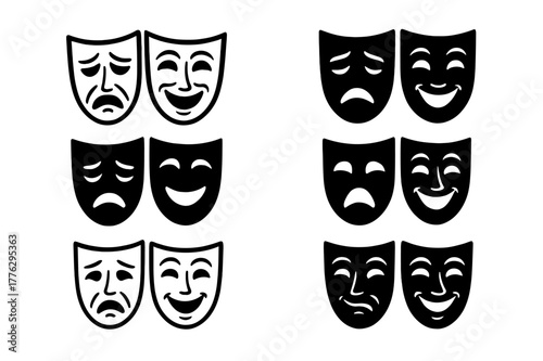 Greek Drama Mask Logos. ceremonial masks. Set Logo of ceremonial masks: Greek tragedy and comedy masks. Icon set. harmonious logo variations of the same