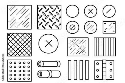 Metal Textures Illustration. Metal textures. Hand-drawn doodle illustration metal textures brushed steel, grid plate, rivets, mesh, screw head, scratched