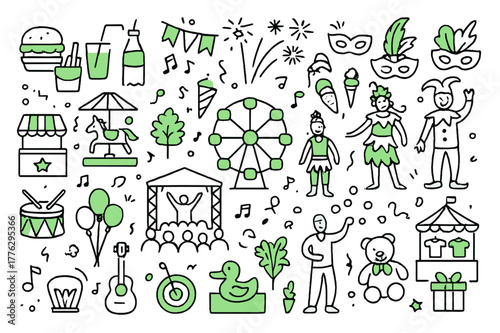 Carnival Celebration Doodle. Festival and carnival celebrations. Hand-drawn doodle illustration Festival and carnival celebrations, festival food, colored